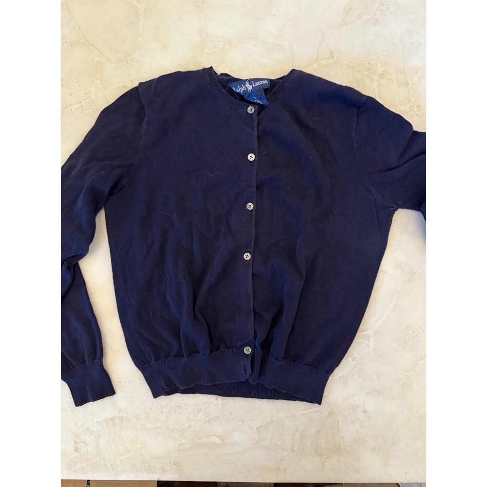 Ralph Lauren Navy Blue 100% Cotton Crew Neck Button Front Cardigan Sweater L